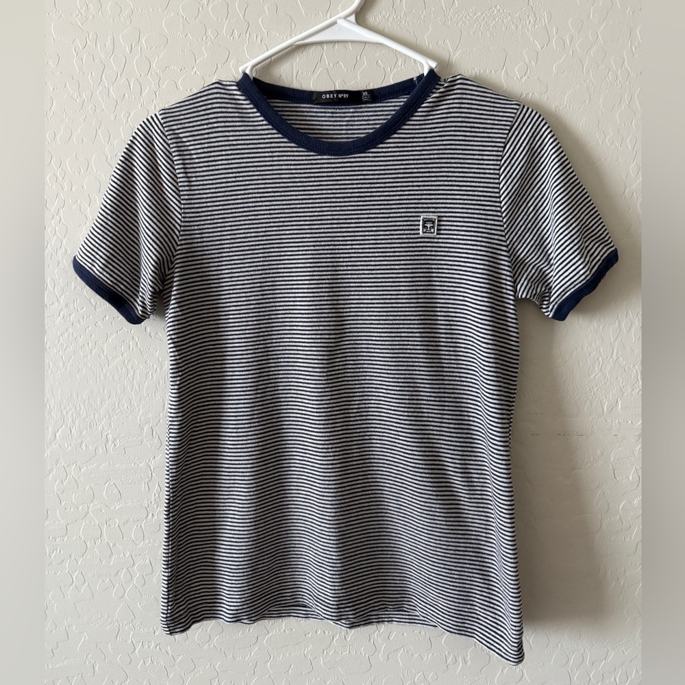 Vintage Obey Striped Navy and White T-Shirt